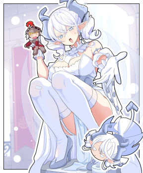 1girl absurdres armored_corset bare_shoulders breasts character_doll cleavage commentary_request corset daiichi_(k_daiiti) demon_girl demon_horns demon_tail demon_wings detached_collar doll dress drill_hair duel_monster garter_straps gloves grey_corset grey_eyes grey_hair high_heels highres holding holding_doll horns knight_(yu-gi-oh!) large_breasts looking_at_viewer lovely_labrynth_of_the_silver_castle low_wings medium_hair multiple_wings open_mouth pointy_ears solo squatting strapless strapless_dress tail thighhighs transparent_wings twin_drills white_dress white_hair white_horns white_thighhighs wings yu-gi-oh!