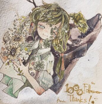 Rule 34 | 1girl, acrylic paint (medium), bouquet, braid, closed mouth, collared shirt, commentary request, earrings, english text, flower, green eyes, green hair, hair ornament, hair ribbon, highres, holding, holding flower, jewelry, karintoun, long hair, looking at viewer, nature, original, painting (medium), plant, portrait, ribbon, shirt, signature, smile, traditional media, watercolor (medium)