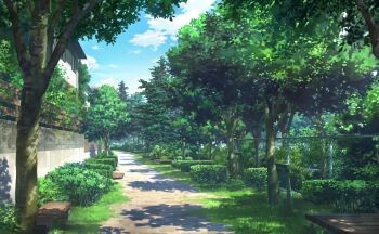 absurdres bench blue_sky chain-link_fence commentary_request day fence hedge highres no_humans original outdoors park path road scenery shadow sky table tk_(ekua3522) tree