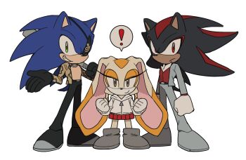 1girl 2boys animal_ears black_gloves child clenched_hands company_connection cosplay cream_the_rabbit eyepatch formal_clothes full_body furry furry_female furry_male gloves green_eyes grin hedgehog_boy highres hood hoodie kiryu_kazuma kiryu_kazuma_(cosplay) majima_goro majima_goro_(cosplay) multiple_boys open_clothes open_skirt rabbit_ears rabbit_girl red_eyes ryuu_ga_gotoku_(series) sawamura_haruka sawamura_haruka_(cosplay) sega serious shadow_the_hedgehog short_tail skirt smile sonic_(series) sonic_the_hedgehog standing suit tail unneul white_gloves