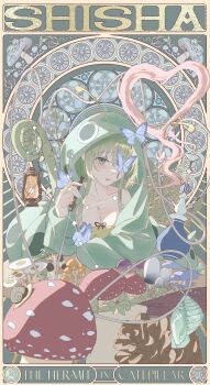 1girl absurdres animal_hood art_nouveau arthropod_girl black_souls black_souls_2 blowing_smoke blue_butterfly breasts bug butterfly card_(medium) caterpillar_girl character_name chxulozsx cleavage collarbone crossed_bangs english_text fiddlehead fly_agaric green_eyes green_hair green_jacket hair_between_eyes highres hood hood_up hooded_jacket hookah insect jacket long_hair long_sleeves looking_at_viewer medium_breasts mushroom oil_lamp open_clothes open_jacket open_mouth pinecone shisha_(black_souls) sidelocks smoke_heart smoking snail solo tarot tarot_(medium) the_hermit_(tarot) virgo_(constellation) virgo_(symbol)