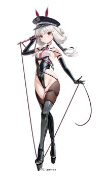 1girl absurdres aku_no_onna_kanbu:_perigee_new_moon animal_ears arrow_(tamawo222) bare_shoulders belt belt_buckle black_belt black_boots black_gloves black_hat black_leotard boots breasts brown_hiphighs buckle character_request closed_mouth commentary_request cuffs elbow_gloves full-length_zipper full_body gloves grey_hair groin hand_up handcuffs hat highleg highleg_leotard highres hiphighs holding leotard long_hair necktie official_art peaked_cap pink_necktie platform_boots platform_heels rabbit_ears red_eyes short_eyebrows simple_background skindentation small_breasts solo thick_eyebrows thigh_belt thigh_boots thigh_strap white_background zipper