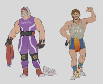 2boys bara beard blue_shorts brown_hair connected_beard mp3_player facial_hair fingerless_gloves fonzu_(callmefonzu) gloves grey_background grey_hair headphones highres magneto marvel marvel_rivals mature_male multiple_boys muscular muscular_male old old_man peter_quill purple_tank_top shorts star-lord tank_top