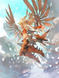 Rule 34 | 1girl, bare arms, bird, blonde hair, bracelet, breasts, character request, closed mouth, company name, copyright name, crop top, day, eiketsu taisen, floating hair, flying, full body, green eyes, hair ornament, jewelry, long hair, looking at viewer, mecha, mecha musume, mechanical legs, navel, official art, open hands, orange shirt, orange skirt, outdoors, pleated skirt, robot, rock, shirt, skirt, sky, small breasts, takayama toshiaki, tassel, tassel hair ornament, twintails, water, white bird, wings