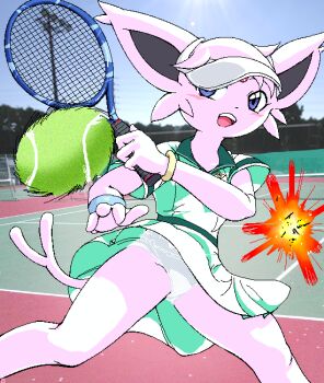 1girl animal animal_ears ball blue_eyes blush bracelet cat cat_ears cat_girl cat_tail dress espeon forehead_jewel furry g-sun gem gen_2_pokemon hat holding holding_tennis_racket jewelry lace lace-trimmed_panties lace_trim lamppost light_rays nekomata nintendo open_mouth panties photo_background pokemon pokemon_(creature) purple_fur racket red_gemstone short_sleeves sky smile sportswear standing standing_on_one_leg sun sunbeam sunlight sweatband tail teeth tennis tennis_ball tennis_court tennis_net tennis_racket tennis_uniform tree underwear visor_cap white_dress white_hat white_panties wind wind_lift wristband