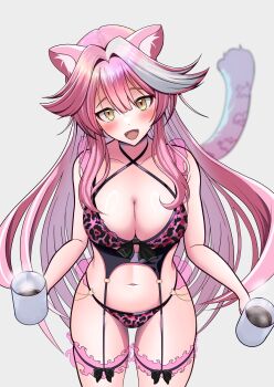 1girl alternate_costume animal_ears animal_print black_bow bow bra breasts coffee coffee_mug cup fangs garter_straps gradient_hair grey_background grey_hair highres holding holding_cup hololive hololive_english large_breasts leopard_print leopard_print_bra leopard_print_panties long_hair lyunree6161 mug multicolored_hair open_mouth panther_ears panther_girl panther_tail pink_bra pink_hair print_bra print_panties raora_panthera solo steam tail underwear virtual_youtuber yellow_eyes