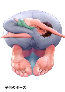 armpits ass barefoot brown_hair cameltoe feet flexible foot_focus from_side grey_leggings highres japanese_text leaning_forward leggings looking_at_viewer original pants pantylines seiza short_hair sitting soles stretching tan tank_top tanline thick_thighs thighs toes tomboy translated uriens white_background yoga yoga_pants