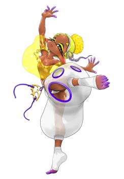 1girl arm_up ass belt blonde_hair breasts charm_(object) chinese_commentary colored_eyelashes colored_inner_hair dancing dark-skinned_female dark_skin domino_mask earrings eye_mask frye_(splatoon) gradient_hair hair_ornament harem_pants highres inkling jewelry koharu2.5 leg_lift looking_at_viewer mask medium_breasts multicolored_hair multiple_earrings nintendo no_bra no_shirt panties pants pantyshot parted_lips pointy_ears polka_dot polka_dot_hair pom_pom_(clothes) pom_pom_hair_ornament purple_hair purple_trim see-through_clothes see-through_poncho sideways_glance simple_background solo spiked_ear_piercing splatoon_(series) spread_fingers standing standing_on_one_leg star-shaped_pupils star_(symbol) string_panties symbol-shaped_pupils tentacle_hair tiptoes toeless_socks toes twintails underwear upturned_nose white_background white_belt white_hair white_panties yellow_eyes yellow_poncho yellow_pupils