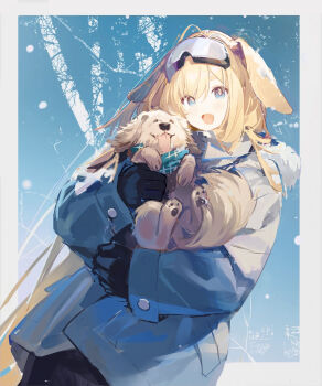 1girl :d absurdres ahoge animal animal_ears arknights black_gloves blonde_hair blue_eyes brigid_(arknights) coat dog dog_ears gloves goggles goggles_on_head highres holding holding_animal hood hooded_coat hug long_hair official_artist_extra open_mouth scarf simple_background smile snow_on_head solo very_long_hair yukuso_(dabiandang)