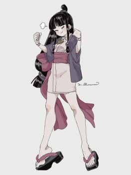 1girl ace_attorney black_hair blunt_bangs hair_ornament highres japanese_clothes jewelry kimono long_hair magatama magatama_necklace maya_fey necklace omen_hohoho pink_sash sash short_kimono sidelocks simple_background solo sphere_hair_ornament tiptoes topknot