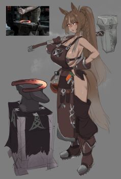 1girl animal_ears anvil apron belt_buckle blacksmith boots bottle bra braid breasts brown_eyes brown_gloves brown_hair brown_tail buckle carrot dirty dirty_face gloves glowing_hot grey_background hammer highres holding holding_hammer horse_ears horse_girl horse_tail horseshoe huge_breasts long_hair open_mouth original ponytail psidubs reference_inset sideboob simple_background smithing solo strapless strapless_bra sweat sweatdrop tail teeth tools underwear upper_teeth_only very_long_hair war_hammer weapon wrench