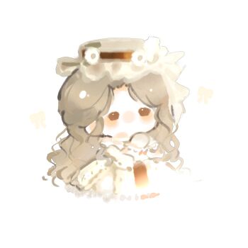 Rule 34 | 1girl, bow, brown eyes, brown hair, chibi, chinese commentary, commentary request, daisy (flower), dream banquet (infinity nikki), dress, expressionless, fengmi youzi hua, flower, frilled headwear, frilled sleeves, frills, grey hat, hat, hat bow, hat flower, highres, infinity nikki, lace, lace-trimmed dress, lace trim, layered sleeves, light blush, light particles, long dress, long hair, long sleeves, nikki (series), no mouth, own hands together, pussy juice, simple background, solid oval eyes, solo, very long hair, wavy hair, white background, white bow, white dress, white flower