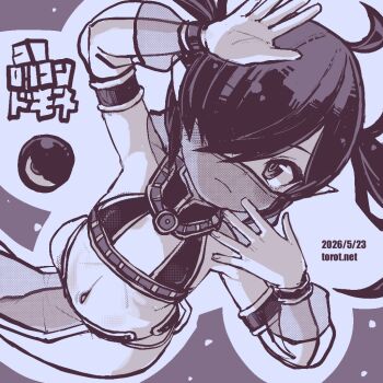 1girl ahoge arabian_clothes armlet backbeako_(torotei) backbeard blush bracelet closed_mouth clothing_request commentary dancer dated dated_commentary dutch_angle flat_chest gegege_no_kitarou hair_over_one_eye hands_up harem_outfit jewelry kono_lolicon_domome light_frown loli long_hair looking_at_viewer monochrome mouth_veil navel original paid_reward_available pelvic_curtain pointy_ears purple_background purple_theme see-through_clothes see-through_sleeves see-through_veil simple_background solo torotei translated twintails veil watermark web_address