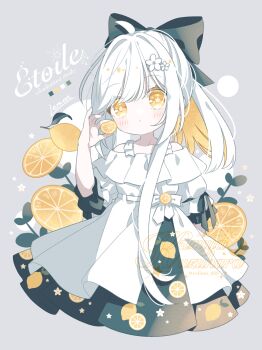 1girl absurdres black_bow blush bow closed_mouth dot_mouth dress english_text flower food fruit grey_background hair_bow hair_flower hair_ornament highres holding holding_food holding_fruit kuzuhara_kazuya lemon lemon_slice long_hair looking_at_viewer multicolored_hair off-shoulder_dress off_shoulder orange_(fruit) original ponytail short_sleeves solo white_dress white_flower white_hair yellow_eyes