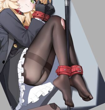 1girl ankle_cuffs black_dress black_gloves black_jacket black_pantyhose blonde_hair blue_archive bound bound_ankles bound_wrists bow bowtie collar commentary_request cuffs dombear dress feet frilled_dress frills gloves green_eyes handcuffs jacket pantyhose professor_niyaniya_(blue_archive) red_bow red_bowtie solo torn_clothes