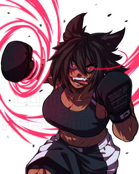 1girl abs animal_ears artist_name black_hair boxing_gloves breasts cleavage collarbone crop_top dark-skinned_female dark_skin eye_trail gym_shorts harukamiart highres incoming_attack incoming_punch light_trail looking_at_viewer muscular muscular_female open_mouth orange_eyes original punching shirt shorts sleeveless sleeveless_shirt teeth tongue tongue_out v-shaped_eyebrows wolf_ears