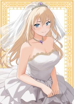 1girl alternate_costume bismarck_(kancolle) blonde_hair blue_eyes bonta_(0607) breasts bridal_veil bride commentary_request dress highres jewelry kantai_collection large_breasts long_hair looking_at_viewer necklace smile solo strapless strapless_dress veil very_long_hair white_dress