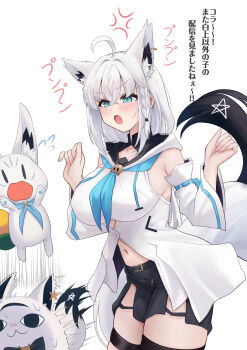 ! <o>_<o> 1girl :o absurdres ahoge alternate_breast_size_(larger) anger_vein animal_ear_fluff animal_ears aqua_eyes asymmetrical_legwear bare_shoulders belt black_belt black_shorts blush bow braid breasts collarbone commentary_request detached_sleeves earrings fox_ears fox_girl fox_tail hair_between_eyes hair_ornament highres hololive jewelry large_breasts light_blush long_hair long_sleeves miteiru_(shirakami_fubuki) nail_polish navel nervous_sweating open_mouth pentagram pink_nails running shirakami_fubuki shirakami_fubuki_(1st_costume) shorts single_braid single_earring speech_bubble star_(symbol) sukonbu_(shirakami_fubuki) sweat tail tks_rkgk virtual_youtuber wide_sleeves