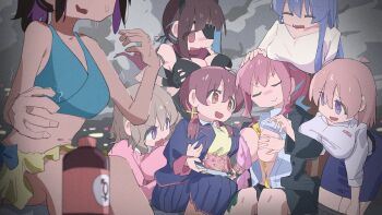 +_+ 6+girls :> :d @_@ absurdres alternate_breast_size_(larger) bare_arms bare_shoulders bikini black_gloves blue_hair bottle bra breast_envy breast_rest breasts breasts_on_head brown_eyes brown_hair closed_eyes commentary enosawari eyepatch fang fingerless_gloves gloves grabbing_another's_breast grabbing_own_breast grey_hair groping hair_between_eyes hand_on_another's_head highres hisaki_hiyori hozuki_kaede hozuki_momiji kitahara_yuriko large_breasts long_hair looking_at_another male-female_symbol medium_breasts multicolored_hair multiple_girls murosaki_miyo nanami_raika onii-chan_wa_oshimai! open_clothes open_mouth open_shirt oyama_mihari pink_bra pink_hair ponytail purple_eyes school_uniform short_hair short_ponytail siblings sisters smile swimsuit two-tone_hair underwear unworn_bra