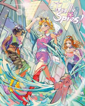 Rule 34 | 3girls, alex (totally spies), bag, black hair, blonde hair, blue eyes, boots, choker, clover (totally spies), commentary request, copyright name, full body, green eyes, handbag, hands in pocket, heart, heart-shaped eyewear, highres, long hair, looking ahead, multiple girls, navel, orange hair, outdoors, realemonade, sam (totally spies), short hair, shorts, smile, thigh boots, totally spies, water, yellow boots