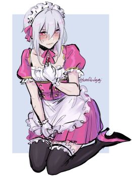 1boy alternate_costume androgynous apron blush buttons dragon dress embarrassed fire_emblem fire_emblem_engage hair_between_eyes high_heels highres maid maid_apron maid_headdress male_focus medium_hair nintendo pink_dress pink_ribbon rafal_(fire_emblem) red_eyes ribbon simple_background sitting solo tofucakes tsundere white_hair