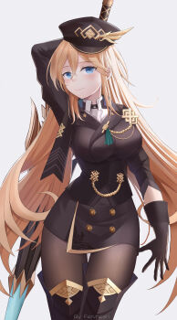 1girl black_dress black_gloves black_pantyhose black_vest blonde_hair blue_eyes breasts commentary_request dress durandal_(honkai_impact) durandal_(valkyrie_gloria)_(honkai_impact) fervheart gloves hat highres holding holding_polearm holding_weapon honkai_(series) honkai_impact_3rd large_breasts long_hair looking_at_viewer military_hat official_alternate_costume pantyhose polearm smile solo very_long_hair vest weapon