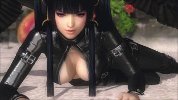 1girl 3d animated animated_gif black_hair breasts cleavage dead_or_alive dead_or_alive_5 female_focus large_breasts lowres nyotengu purple_eyes solo tagme wings
