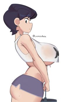 1girl alternate_breast_size_(larger) alternative_body_build artist_name ass ass_focus black_eyes black_hair breast_focus breasts bucket closed_mouth cowboy_shot crop_top crop_top_overhang curvy exercising from_side highres holding holding_bucket huge_breasts impossible_clothes impossible_shorts komi-san_wa_komyushou_desu komi_shuuko large_breasts long_hair looking_at_viewer looking_to_the_side lycoris_(lyc0riss) mature_female no_bra revealing_clothes revision shirt short_hair short_shorts shorts sideboob simple_background solo standing sweat sweatdrop tank_top thick_thighs thighs third-party_edit tight_clothes wet wet_breasts wet_clothes white_background white_shirt wide-eyed wide_hips