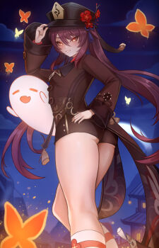 1girl absurdres ass boo_tao_(genshin_impact) breasts brown_hair bug butterfly cloud coattails flower from_behind genshin_impact ghost grin hand_on_own_hip hat hat_flower highres hu_tao_(genshin_impact) insect long_hair long_legs looking_at_viewer night night_sky outdoors porkpie_hat puppnett red_eyes short_shorts shorts sky small_breasts smile socks thighs twintails very_long_hair white_socks