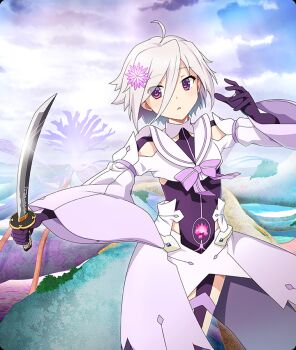 Rule 34 | 1girl, ahoge, cloud, cosplay, flower, game cg, glint, gloves, hair between eyes, hair flower, hair ornament, holding, holding sword, holding weapon, itomi sayaka, leotard, long sleeves, magical girl, nogi sonoko, nogi sonoko (cosplay), official art, parted lips, purple eyes, purple flower, purple gloves, purple leotard, purple sky, shirt, short sword, skirt, sky, solo, sword, third-party source, toji no miko, toji no miko: kizamishi issen no tomoshibi, tree, weapon, white hair, white shirt, white skirt, wide sleeves, yuuki yuuna wa yuusha de aru, yuusha de aru