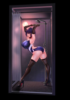 1girl :d absurdres arched_back armpits arms_up ass bare_shoulders black_shoes black_thighhighs blue_one-piece_swimsuit blush bound breasts chain chained_cuffs commentary_request competition_swimsuit cuffs elbow_gloves figure_available from_side full_body gloves high_heels highleg highleg_one-piece_swimsuit highres large_breasts looking_at_viewer looking_to_the_side merchandise_available multicolored_swimsuit one-piece_swimsuit open_mouth original red_eyes red_soles restrained shoes short_hair shower smile solo standing swimsuit thighhighs thighs tile_floor tile_wall tiles tongue ulrich_(tagaragakuin)