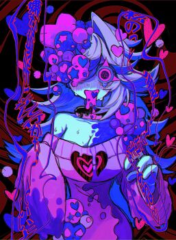 Rule 34 | 1other, @ @, abstract background, blood, blood from mouth, blush, body horror, breasts, claw pose, cleavage, commentary request, distortion, growing out of body, hand up, highres, messy hair, off-shoulder sweater, off shoulder, one eye covered, open mouth, open skull, original, saturated, shurehakuso2434, solo, sweater, translation request