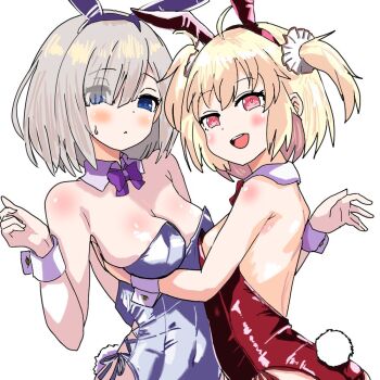 2girls animal_ears artist_request ayano_rika blonde_hair blue_eyes blush breasts cuff_links detached_collar fake_animal_ears grey_hair isuzu_ren large_breasts magia_record:_mahou_shoujo_madoka_magica_gaiden mahou_shoujo_madoka_magica multiple_girls open_mouth playboy_bunny red_eyes short_hair short_twintails small_breasts smile twintails