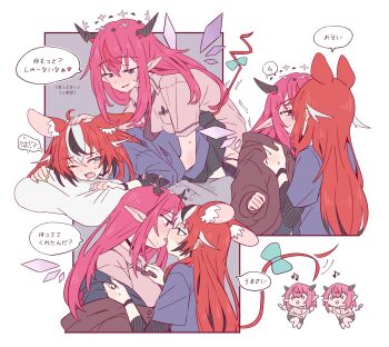 Rule 34 | 2girls, animal ears, black hair, black horns, blue eyes, eye contact, french kiss, futa with female, futanari, hakos baelz, heterochromia, highres, hololive, hololive english, horns, implied futanari, irys (hololive), kiss, long hair, looking at another, mouse ears, multicolored hair, multiple girls, multiple views, one eye closed, pink hair, pointy ears, ramphastostella, red eyes, red hair, speech bubble, translation request, virtual youtuber, white hair