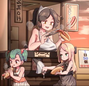3girls age_difference apron black_dress black_hair blonde_hair cum cum_on_food dress food_stand futa_with_female futanari green_eyes green_hair highres hot_dog lemon_snail licking_lips loli multiple_girls naked_apron onee-loli original ponytail short_twintails tongs tongue tongue_out twintails white_dress