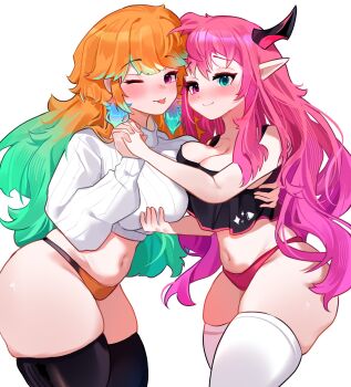 2girls asymmetrical_docking black_tank_top black_thighhighs blue_eyes blush breast_press breasts cleavage closed_mouth clulless commentary cowboy_shot crop_top cropped_sweater english_commentary grabbing_another&#039;s_breast green_hair groping hand_on_another&#039;s_waist heterochromia highres holding_hands hololive hololive_english horns irys_(hololive) large_breasts long_hair looking_at_viewer midriff multicolored_hair multiple_girls navel one_eye_closed orange_hair orange_panties panties pink_eyes pink_hair pink_panties pointy_ears ribbed_sweater simple_background skindentation smile sweater swept_bangs takanashi_kiara tank_top thick_thighs thighhighs thighs tongue tongue_out two-tone_hair underwear virtual_youtuber white_background white_sweater white_thighhighs yuri