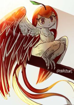 Rule 34 | 1boy, apple, artist name, bird girl, bird legs, bird wings, branch, claws, closed mouth, commentary request, feather tail, feathered wings, feathers, food, fruit, harpy, highres, leaf, lens flare, looking at viewer, monster girl, nashitoumi, no humans, on branch, original, plant girl, purple eyes, red hair, solo, sunlight, tail, white hair, wings