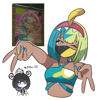 Rule 34 | 2girls, black hair, blonde hair, blue hair, blue nails, bob cut, canari (pokemon), commentary request, crop top, dark-skinned female, dark skin, double gyaru v, game screenshot inset, gwynn (pokemon), gyaru v, hairband, hat, heart, looking at another, looking at viewer, mask, miu (miuuu 721), mouth mask, multicolored hair, multicolored nails, multiple girls, nintendo, one eye closed, pokemon, pokemon legends: z-a, short hair, signature, solo focus, split-color hair, translated, two-tone hair, two-tone nails, v, yellow nails, yuri