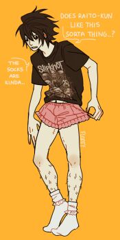 1boy absurdres alternate_costume black_hair death_note floatyart full_body highres implied_yaoi l_(death_note) leg_hair male_focus shirt short_hair shorts slipknot socks solo speech_bubble standing t-shirt white_socks