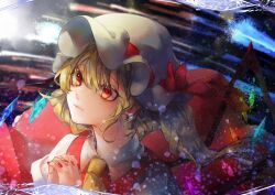 Rule 34 | 1girl, absurdres, ascot, blonde hair, closed mouth, collared dress, commentary request, dress, flandre scarlet, green ascot, hands up, highres, kurumiyuu16, medium hair, own hands clasped, own hands together, portrait, puffy short sleeves, puffy sleeves, red dress, red eyes, short sleeves, sidelocks, solo, touhou, twintails, white dress, wings