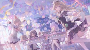 Rule 34 | 4girls, 9-nine-, :d, = =, ^ ^, ahoge, animal, animal on head, artist name, back bow, backlighting, balloon, bare shoulders, belt, black bow, black dress, black hair, black hairband, blue eyes, blurry, blush, bow, bowtie, box, braid, breasts, brown hair, butterfly hair ornament, buttons, cat, cat on head, chair, chalkboard, classroom, closed eyes, closed mouth, commentary, confetti, cowboy shot, day, depth of field, desk, detached collar, detached sleeves, double-breasted, dress, dress bow, dutch angle, english commentary, feet out of frame, floating hair, food, frilled dress, frilled hairband, frilled sleeves, frills, frown, gear hair ornament, gift, gift box, gothic lolita, green bow, green ribbon, grey belt, grey hair, hair between eyes, hair bow, hair intakes, hair ornament, hair ribbon, hairband, hairclip, hakusen academy school uniform, hand up, happy, happy valentine, hat, heart, highres, holding, holding gift, holding party popper, holding tray, indoors, kousaka haruka, kujou miyako, large breasts, lolita fashion, long hair, long sleeves, looking at viewer, maid, maid headdress, multiple girls, niimi sora, nine ball maid uniform, official alternate costume, on chair, on head, open mouth, outstretched arms, outstretched hand, party hat, party popper, pink bow, pink bowtie, pleated dress, polka dot, polka dot bow, pudding, purple hair, red bow, red eyes, ribbon, school desk, school uniform, side ponytail, sidelocks, single braid, sitting, sleeves past wrists, smile, sophitia, speech bubble, spoken heart, standing, star balloon, thighhighs, tray, two side up, umehara sei, valentine, very long hair, watermark, white bow, white cat, white dress, white thighhighs, wide sleeves, window, wing hair ornament, yuuki noa