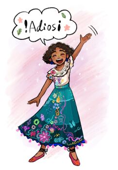 1girl brown_eyes brown_hair colombian_clothes curly_hair dark-skinned_female dark_skin earrings embroidery encanto glasses green-framed_eyewear highres hourglass_print ikematuikegorou jewelry mirabel_madrigal pom_pom_(clothes) pom_pom_earrings round_eyewear shirt short_hair simple_background smile solo white_shirt