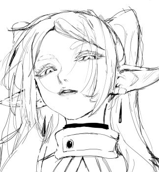 1girl close-up commentary_request earrings elf expressionless frieren greyscale high_contrast highres inoitoh jewelry long_hair looking_at_viewer monochrome parted_lips pointy_ears portrait simple_background solo solo_focus sousou_no_frieren twintails white_background white_hair