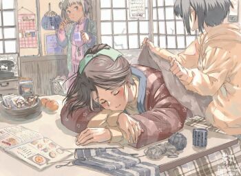 3girls alternate_costume antique_phone black_hair booth_seating brown_hair calendar_(object) closed_eyes commission cup highres japanese_clothes jinbei_(clothes) jintsuu_(kancolle) kantai_collection knitting_needle kotatsu multiple_girls naka_(kancolle) needle phone rotary_phone sendai_(kancolle) short_hair skeb_commission sleeping suzumaru table yarn yarn_ball yunomi