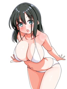 Rule 34 | 1girl, absurdres, bare arms, bare shoulders, bikini, blush, breasts, collarbone, cowboy shot, green eyes, green hair, hair between eyes, highres, large breasts, leaning forward, long hair, looking at viewer, navel, open mouth, outstretched hand, renny (seraphyfether), saki (manga), simple background, solo, swimsuit, touyoko momoko, white background, white bikini