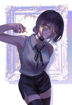 1girl absurdres armpits bare_shoulders black_choker black_hair black_ribbon black_shorts black_skirt blush breasts chainsaw_man choker closed_mouth collared_shirt cowboy_shot eyelashes green_eyes grenade_pin hair_between_eyes hair_bun hair_over_one_eye highres holding holding_jewelry holding_ring jewelry leaning_forward looking_at_viewer lui_n24 medium_hair neck_ribbon nose picture_frame revision reze_(chainsaw_man) ribbon ring shirt shorts side_slit side_slit_shorts sidelocks skirt small_breasts smile solo white_shirt