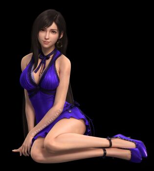1girl 3d armpit_crease artist_name bare_legs bare_shoulders black_background black_hair blue_dress blue_shoes breasts cleavage closed_mouth commentary dress earrings english_commentary final_fantasy final_fantasy_vii final_fantasy_vii_remake full_body high_heels highres hoop_earrings jewelry large_breasts legs long_hair looking_at_viewer patreon_username red_eyes ribbon shadow shoes short_dress simple_background sitting sleeveless sleeveless_dress smile solo sreliata strappy_heels swept_bangs thighs tifa_lockhart tifa_lockhart_(refined_dress) toe_cleavage very_long_hair wall_market yokozuwari