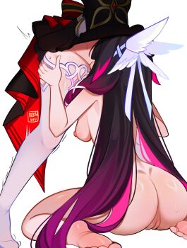 2girls absurdres alternate_breast_size_(larger) artist_name ass barefoot black_dress black_hair breasts columbina_(genshin_impact) commentary completely_nude convenient_uncensoring cunnilingus dress english_commentary feet genshin_impact hair_wings highres large_breasts long_hair mizah_(mizah) multicolored_hair multiple_girls nipples nude oral purple_hair pussy sandrone_(genshin_impact) simple_background soles thighhighs toes two-tone_hair uncensored very_long_hair white_background white_thighhighs white_wings wings yuri
