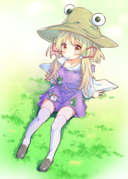 1girl animal_print blonde_hair blush brown_hat collarbone commentary_request frog_print grass hair_ribbon hat loafers long_hair long_sleeves looking_at_viewer moriya_suwako on_grass purple_skirt purple_vest red_ribbon ribbon shoes sitting skirt skirt_set solo tanasuke thighhighs touhou tress_ribbon vest white_thighhighs wide_sleeves yellow_eyes