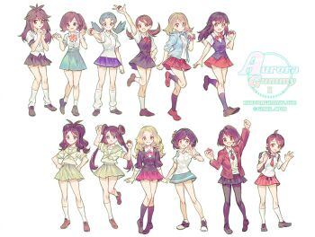 6+girls antenna_hair arm_up artist_name auroragummy backpack bag bow bowtie brown_eyes brown_hair commentary_request cosplay dawn_(pokemon) double_bun elaine_(pokemon) email_address gloria_(pokemon) green_skirt hair_bun hand_up hands_on_own_hips hands_up highres hilda_(pokemon) holding holding_poke_ball jacket juliana_(pokemon) knees kris_(pokemon) lass_(pokemon) lass_(pokemon)_(cosplay) lass_(pokemon_bw) lass_(pokemon_dppt) lass_(pokemon_frlg) lass_(pokemon_gsc) lass_(pokemon_hgss) lass_(pokemon_lgpe) lass_(pokemon_oras) lass_(pokemon_sm) lass_(pokemon_swsh) lass_(pokemon_xy) leaf_(pokemon) leg_up long_hair loose_socks lyra_(pokemon) may_(pokemon) multiple_girls necktie nintendo open_clothes open_jacket pantyhose pleated_skirt poke_ball poke_ball_(basic) pokemon pokemon_bw pokemon_bw2 pokemon_dppt pokemon_frlg pokemon_gsc pokemon_hgss pokemon_lgpe pokemon_oras pokemon_sm pokemon_sv pokemon_swsh pokemon_xy red_skirt rosa_(pokemon) scrunchie selene_(pokemon) serena_(pokemon) shirt shoes short_necktie short_sleeves sidelocks skirt socks standing twintails vest white_shirt white_socks wrist_scrunchie